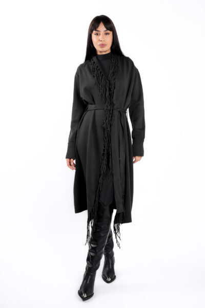 Cardigan Black din modal cu franjuri si cordon