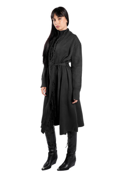 Cardigan Black din modal cu franjuri si cordon - imagine 3