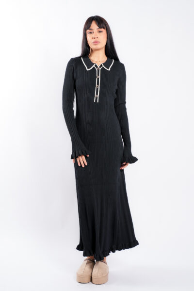 Rochie midi Black cu guler contrastant