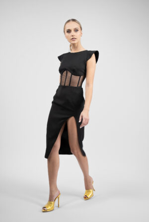 Rochie midi neagra cu corset transparent si slit - imagine 2