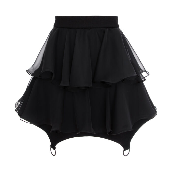 Fusta mini cu volane din matase si inele metalice Black - imagine 6