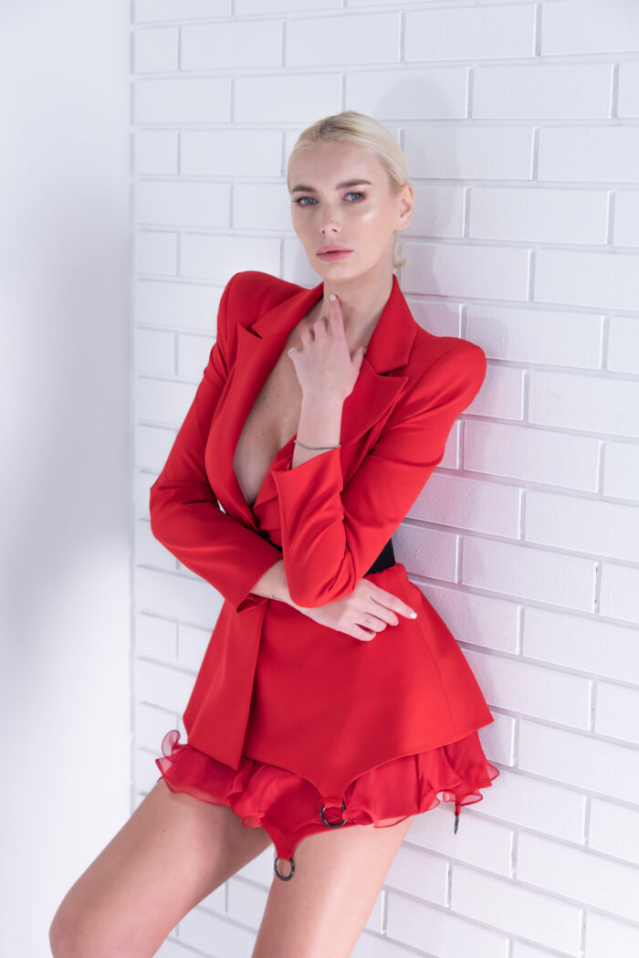 Fusta mini cu volane din matase si inele metalice Red - imagine 6