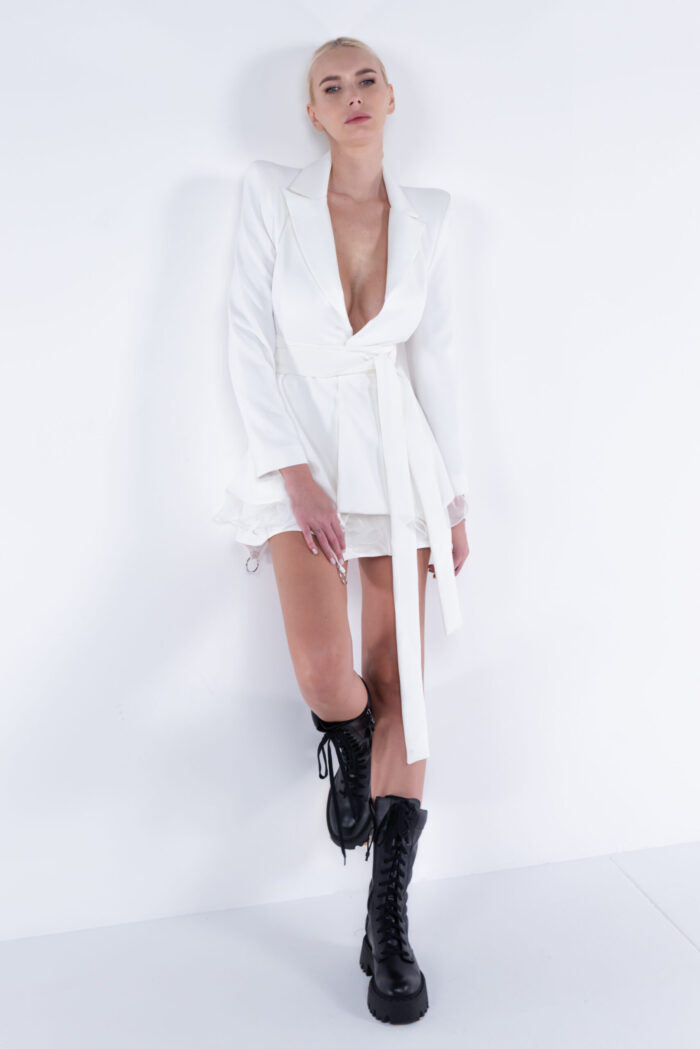 Fusta mini cu volane din matase si inele metalice White - imagine 3