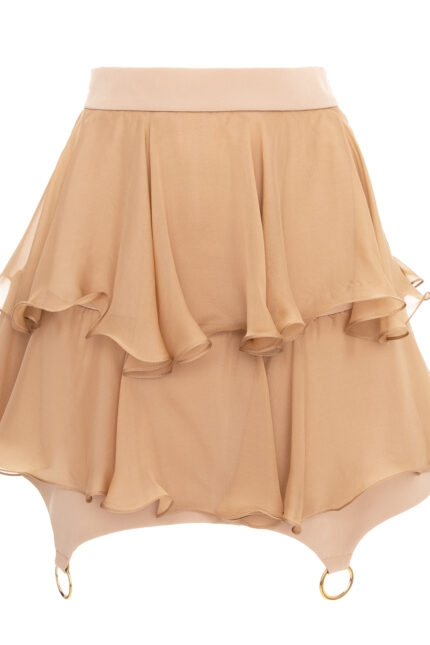 Fusta mini cu volane din matase si inele metalice Nude - imagine 4