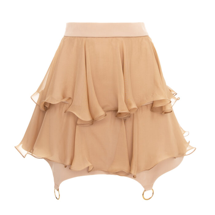 Fusta mini cu volane din matase si inele metalice Nude - imagine 4