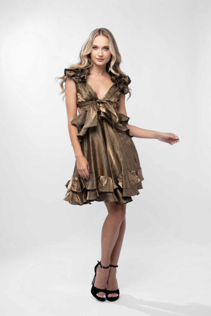 Rochie cu decupaje si volane Dark Gold - imagine 3