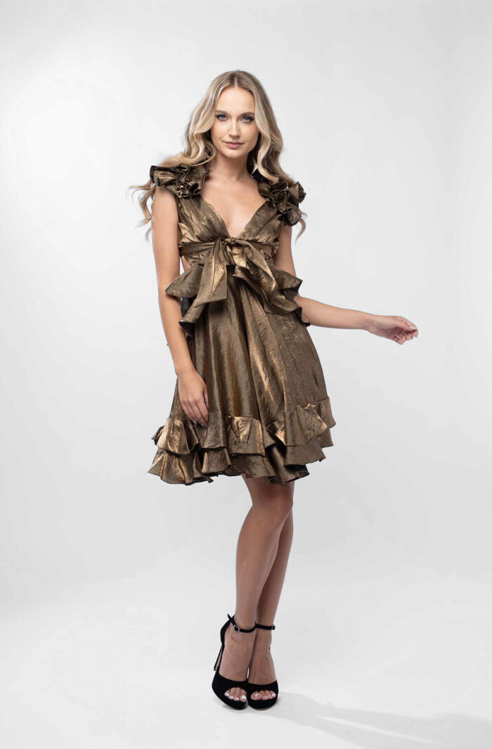 Rochie cu decupaje si volane Dark Gold - imagine 3