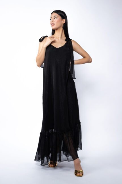 Rochie Lunga Vaporoasa cu Volan și Funde la Umeri Black - imagine 2