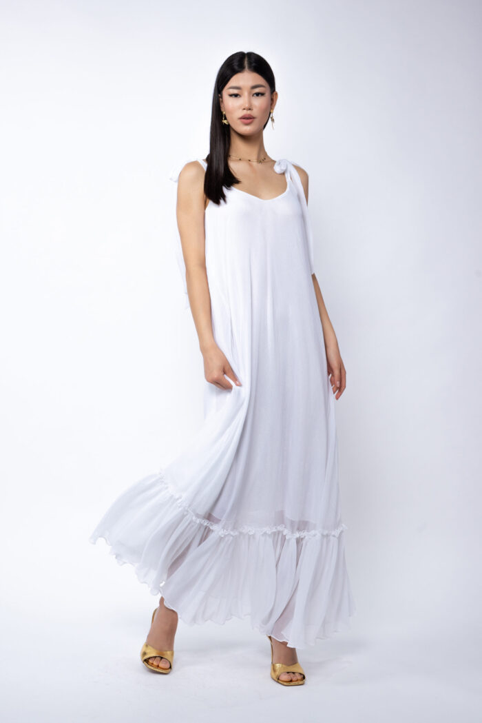 Rochie Lunga Vaporoasa cu Volan și Funde la Umeri White - imagine 2