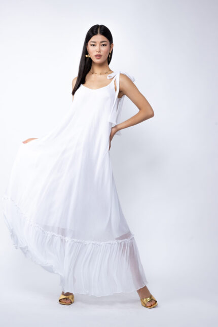 Rochie Lunga Vaporoasa cu Volan și Funde la Umeri White