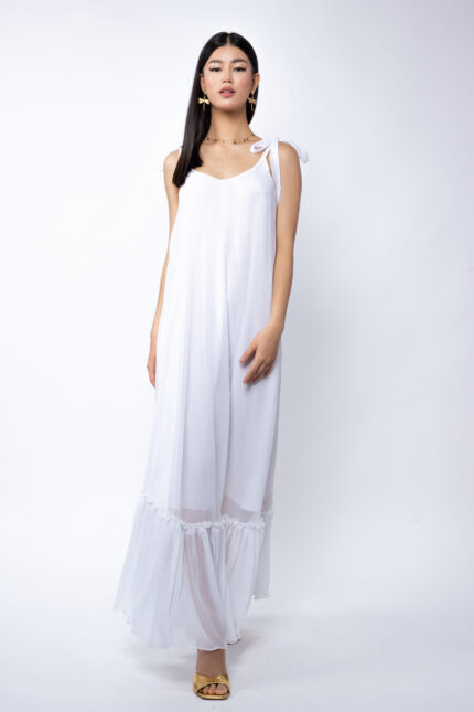 Rochie Lunga Vaporoasa cu Volan și Funde la Umeri White - imagine 3