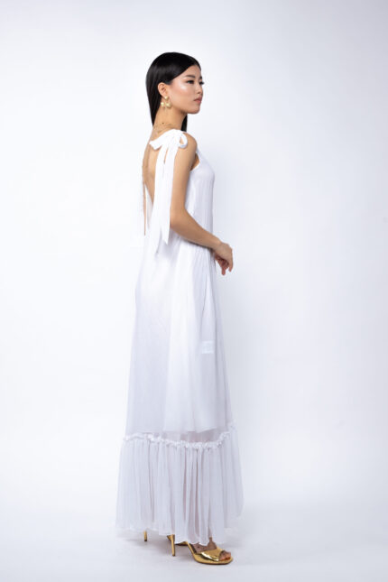 Rochie Lunga Vaporoasa cu Volan și Funde la Umeri White - imagine 4