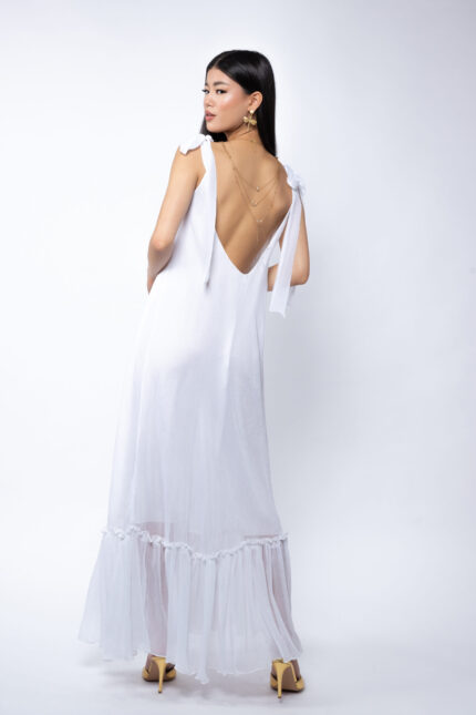 Rochie Lunga Vaporoasa cu Volan și Funde la Umeri White - imagine 5