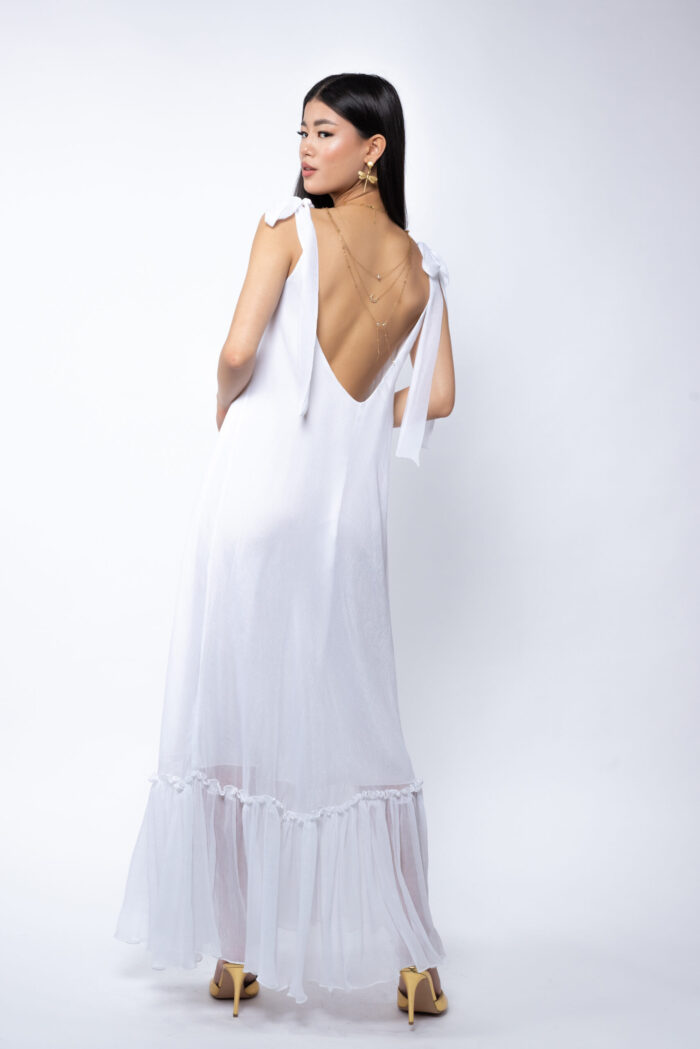 Rochie Lunga Vaporoasa cu Volan și Funde la Umeri White - imagine 5