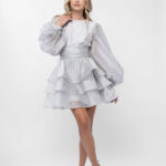 Rochie mini din matase cu volane si maneci bufante