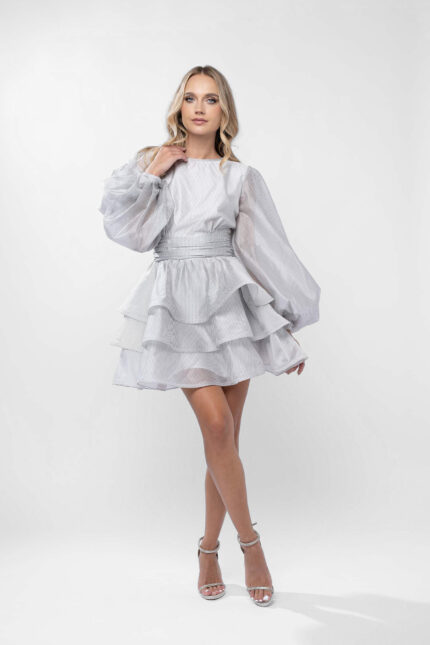 Rochie mini din matase cu volane si maneci bufante