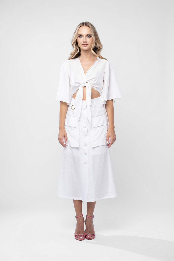 Rochie din in cu top petrecut si fusta midi cu buzunare - imagine 3