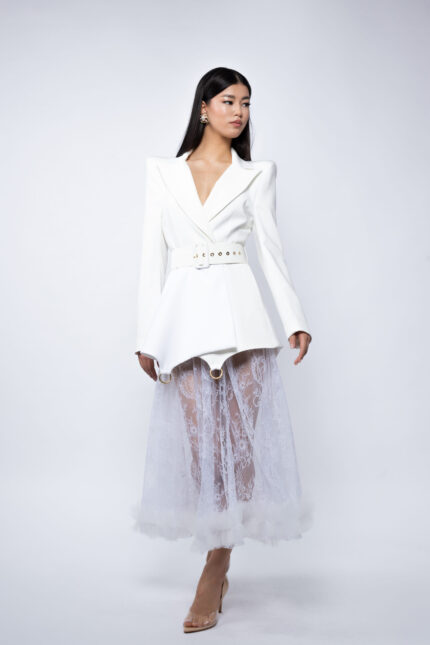 Fusta midi din dantela  cu volan din tull - imagine 2