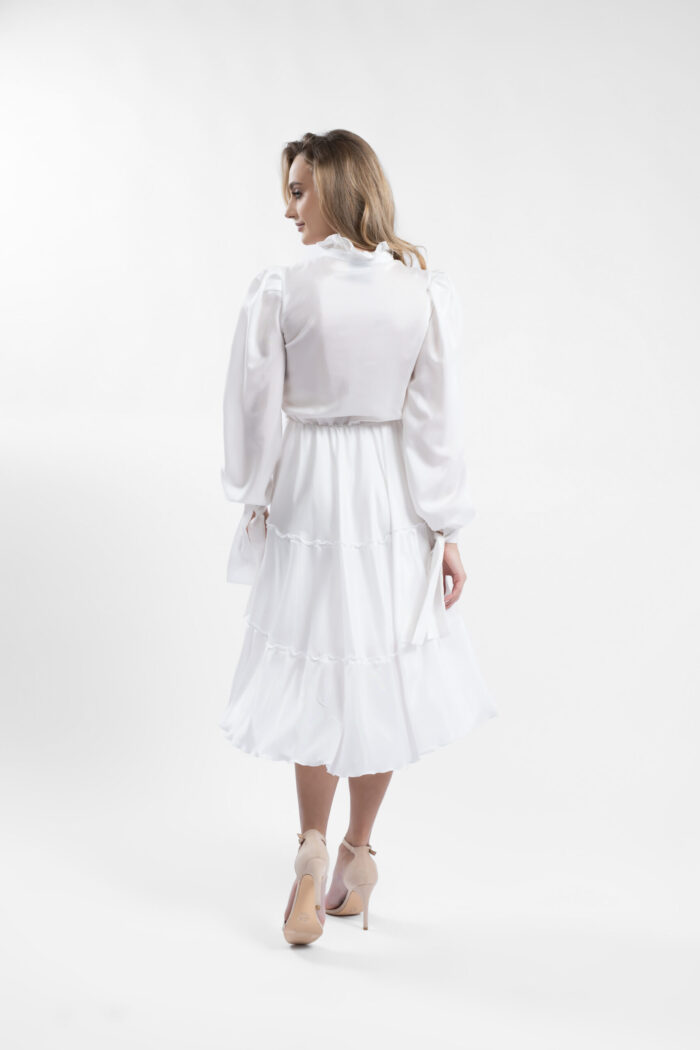 Rochie midi alba cu volane si guler inalt - imagine 4