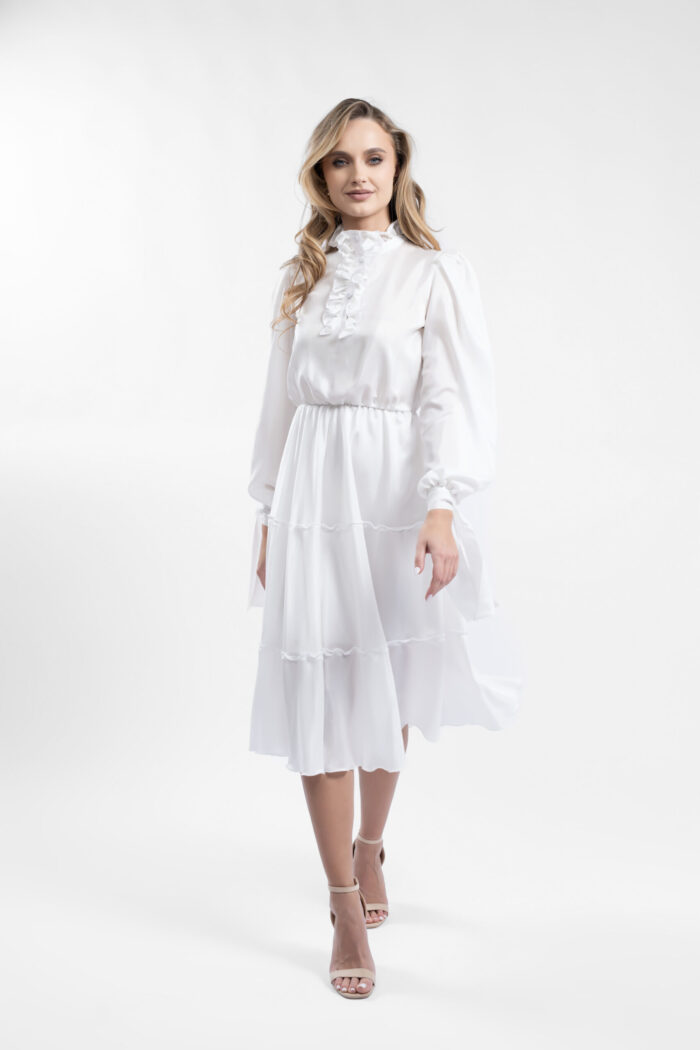 Rochie midi alba cu volane si guler inalt - imagine 3