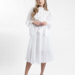 Rochie midi alba cu volane si guler inalt