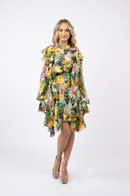 Rochie camasa cu volane asimetrice din voal de matase - imagine 2