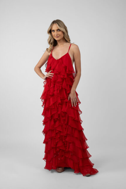 Rochie maxi Lucky  cu volane din amestec de matase