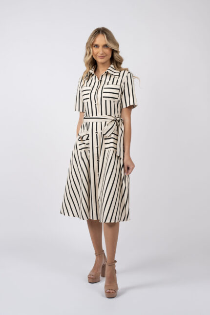 Rochie camasa midi in dungi cu cordon si buzunar decorativ - imagine 3