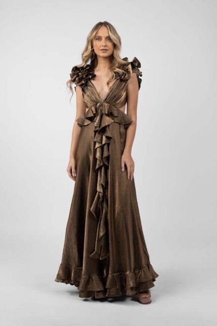 Rochie lunga cu decupaje si volane Dark Gold