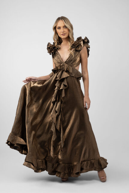 Rochie lunga cu decupaje si volane Dark Gold - imagine 2