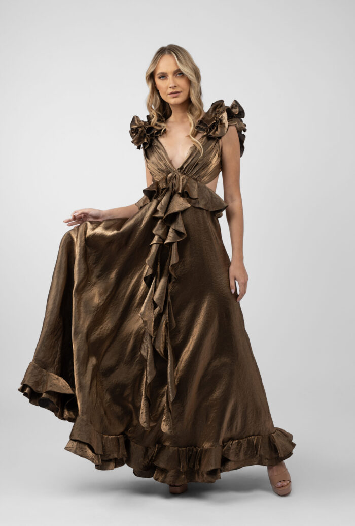 Rochie lunga cu decupaje si volane Dark Gold - imagine 2