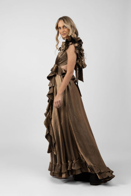 Rochie lunga cu decupaje si volane Dark Gold - imagine 3