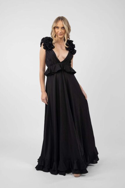 Rochie lunga cu decupaje si volane Black