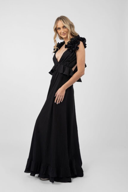 Rochie lunga cu decupaje si volane Black - imagine 3
