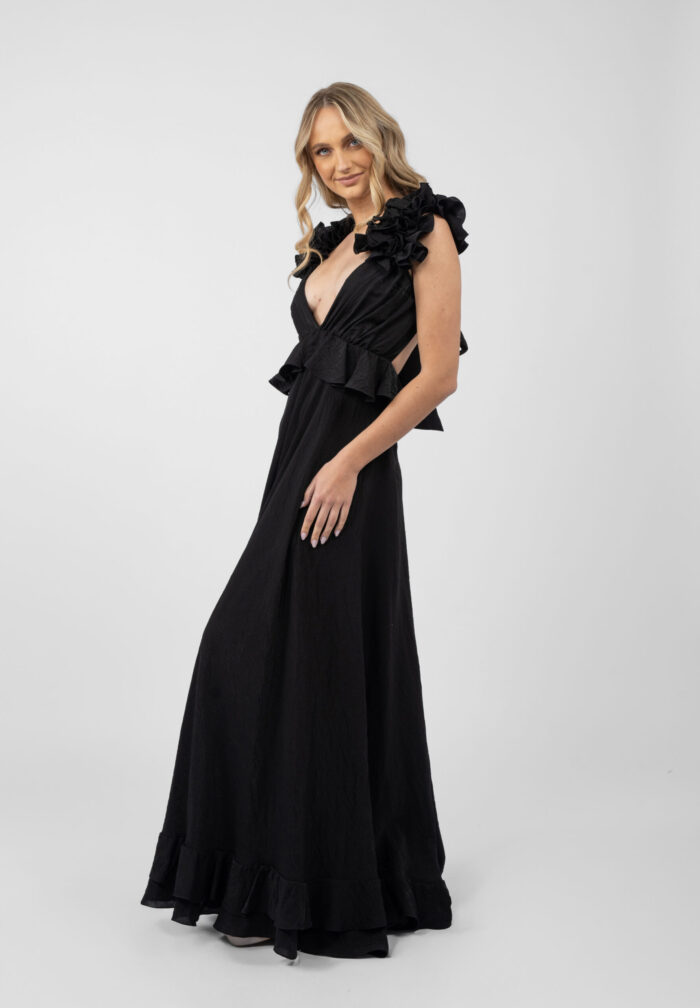 Rochie lunga cu decupaje si volane Black - imagine 3