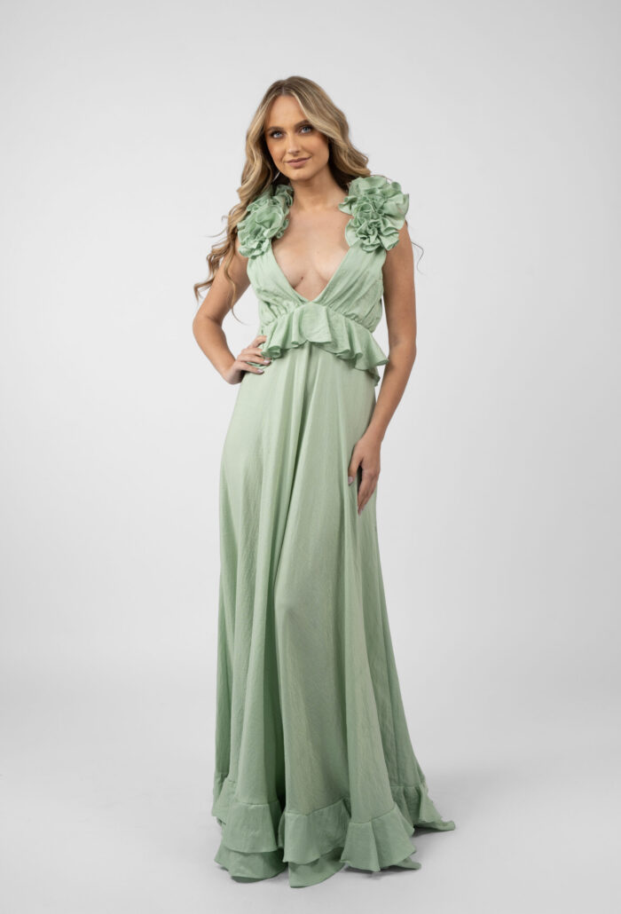 Rochie lunga cu decupaje si volane Mint - imagine 2