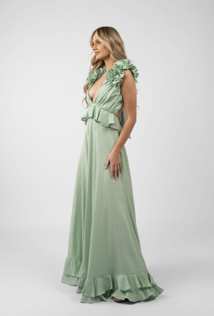 Rochie lunga cu decupaje si volane Mint - imagine 3