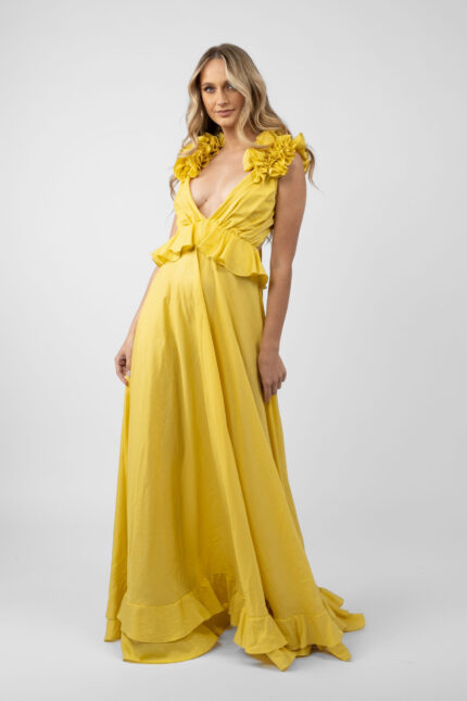 Rochie lunga cu decupaje si volane Yellow Sun - imagine 3
