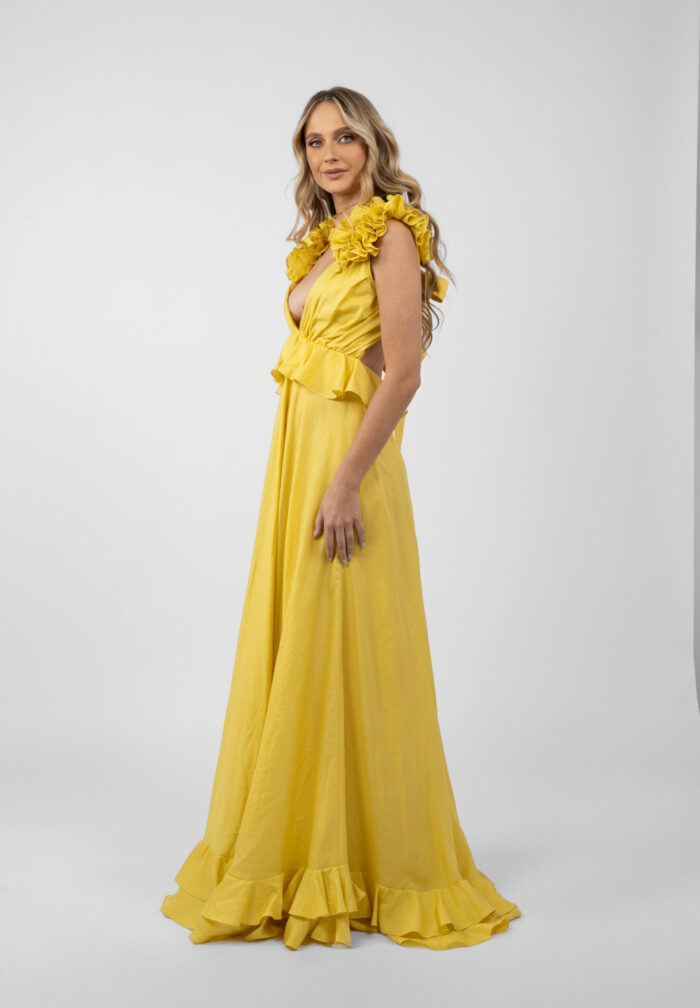 Rochie lunga cu decupaje si volane Yellow Sun - imagine 4