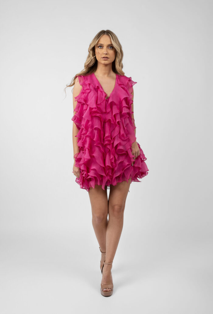 Rochie scurta cu volane si spate decupat Fuchsia - imagine 2