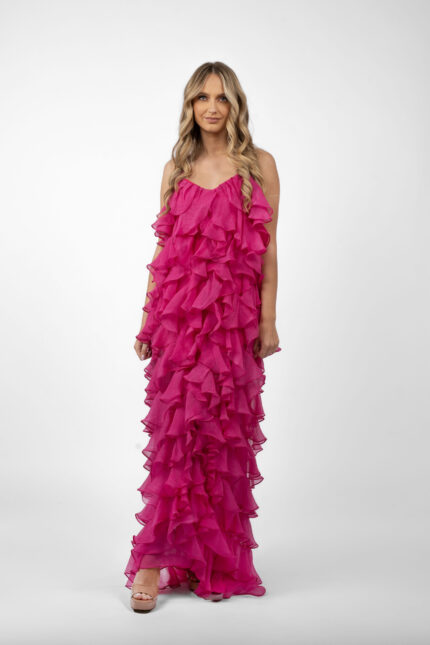 Rochie maxi Lucky  cu volane din amestec de matase