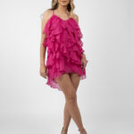 Rochie mini Lucky cu volane din amestec de matase Fuchsia