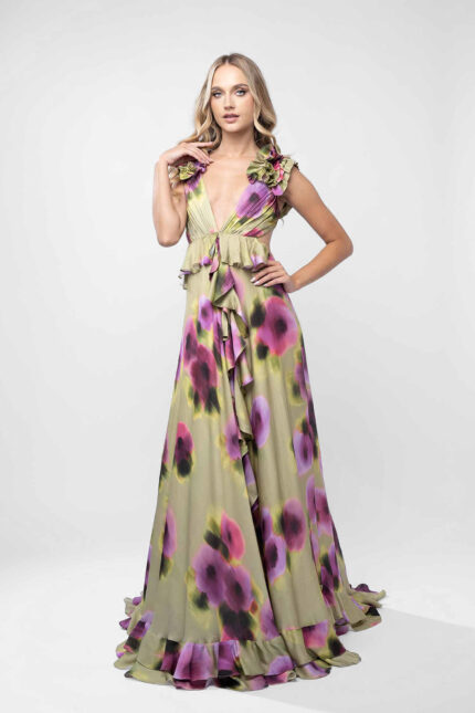 Rochie lunga cu imprimeu floral si volane