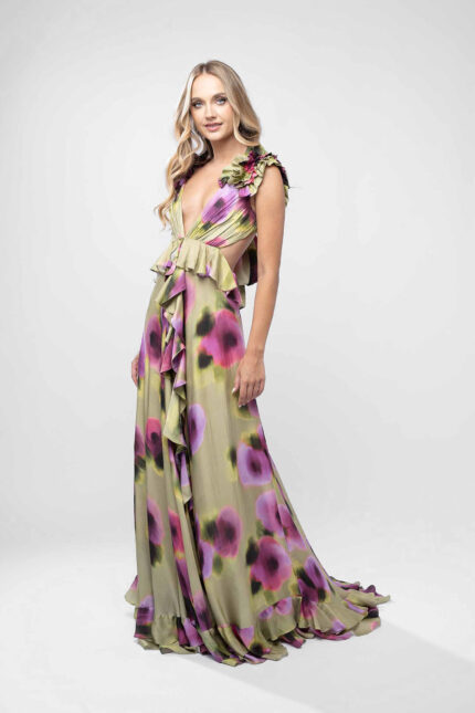 Rochie lunga cu imprimeu floral si volane - imagine 2