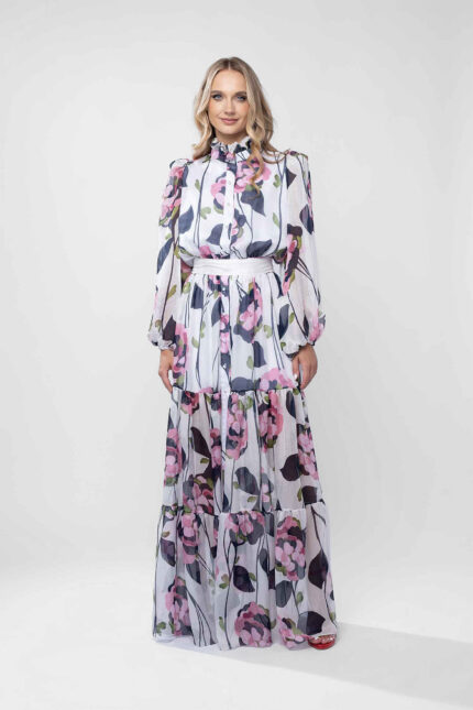 Rochie lunga cu guler inalt si imprimeu floral pictural
