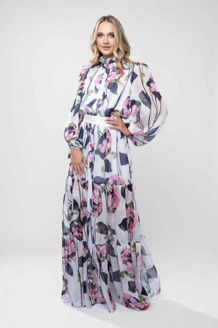 Rochie lunga cu guler inalt si imprimeu floral pictural - imagine 2