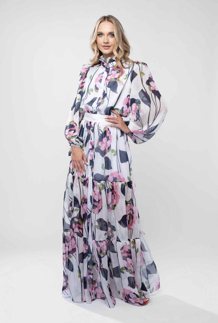 Rochie lunga cu guler inalt si imprimeu floral pictural - imagine 2