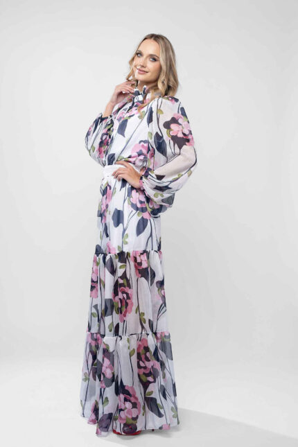 Rochie lunga cu guler inalt si imprimeu floral pictural - imagine 3