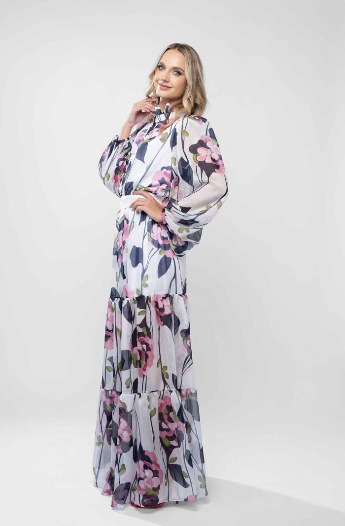 Rochie lunga cu guler inalt si imprimeu floral pictural - imagine 3