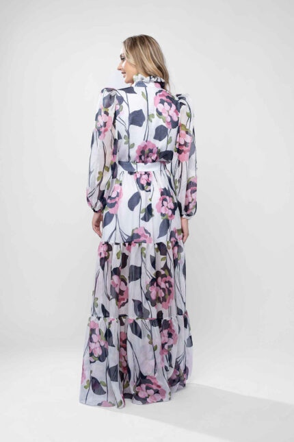 Rochie lunga cu guler inalt si imprimeu floral pictural - imagine 4